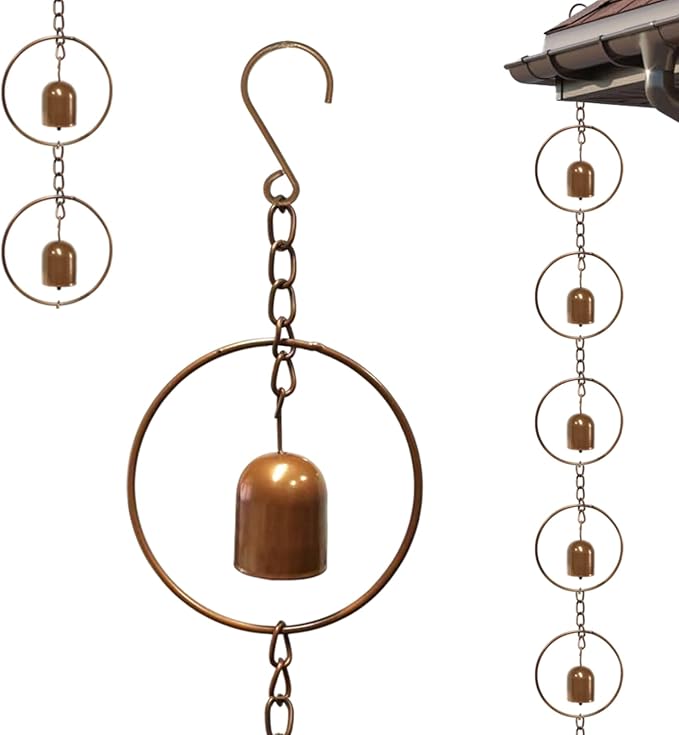 Metal Bell Rain Chain for Gutters, Rust Resistant Outdoor Rain Catcher, Perfect for Heavy Rain, Indoor/Outdoor Decoration, Dark Bronze Finish