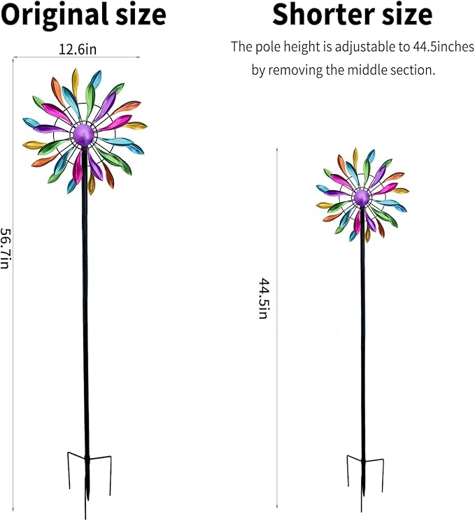 Wind Spinners Outdoor Metal, 360° Kinetic Wind Spinner with Stake, Metal Garden Yard Patio Lawn Windmill Decor (12.6" Dia, 56.7" H, Rainbow Petal)