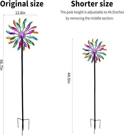 Wind Spinners Outdoor Metal, 360° Kinetic Wind Spinner with Stake, Metal Garden Yard Patio Lawn Windmill Decor (12.6" Dia, 56.7" H, Rainbow Petal)
