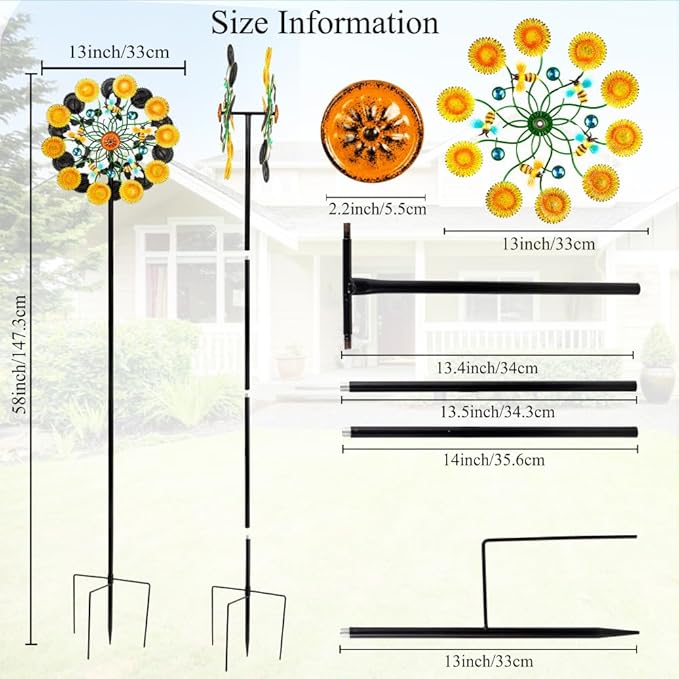 DREAMYSOUL Sunflower Garden Wind Spinner, 58 Inches Tall Metal Kinetic Wind Mills, Decorative Wind Spinners for Yard Garden Outside Patio Lawn Decor