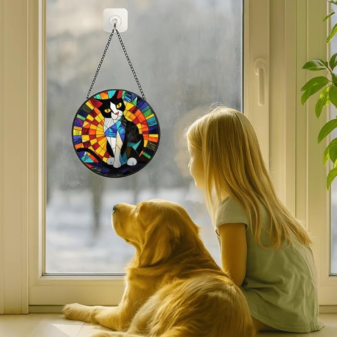 Stained Glass Window Hanging - Tuxedo Cat Rainbow Pattern 7.8in Sun Catchers Indoor Stained Glass Panels Wall Decor for Mom, Wife, Lovers, Festive
