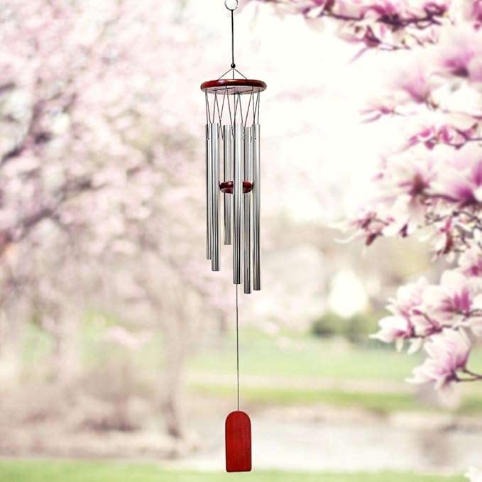 Wind Chimes - Wood and Silver Metal Windchimes - 37" Long - Wooden Wind Catcher for Home & Garden - Ideal for Porch and Garden
