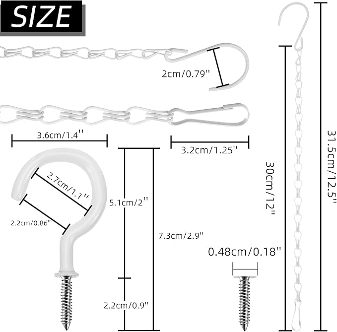 Hotop 8 Pcs Metal Hanging Chains with Ceiling Hooks, Garden Plant Hangers for Hanging Bird Feeders, Billboards, Chalkboards, Basket, Planters, Lanterns, Wind Chimes, Chain Hook DIY(12 Inch,White)