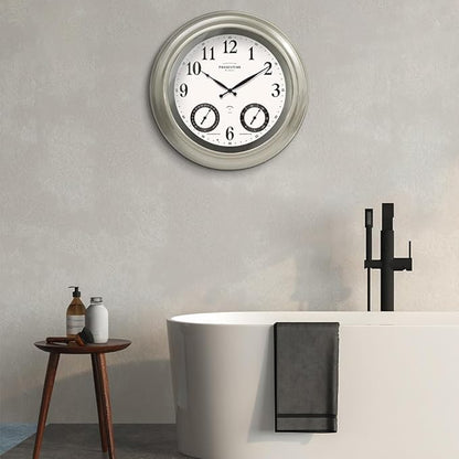 Presentime & Co 24" Jameson Illuminated in/Outdoor Clock, Modern Farmhouse, Self-Illuminated, Waterproof, Weather Station (Thermometer & Hygrometer), Metal Clock, Morning Silver. (Night Light)