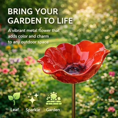 Handmade Metal Flower Garden Stake with Bird Bath & Bee Water Bowl, Bee Bird Watering Station, Butterfly & Pollinator Watering Station, Garden Yard Art Outdoor Decor (2 pcs)