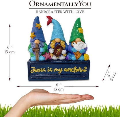OrnamentallyYou Spring & Summer-Themed Garden Statues – Adorable Outdoor Decor for Lawn, Patio & Porch (Nautical Themed Religious Gnome Figurine, Jesus is My Anchor 6" Beach House Statue)