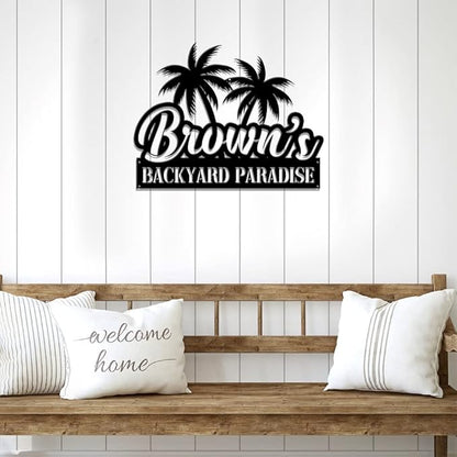 MeMate Backyard Sign Outdoor Decor, Personalized Metal Sign for Backyard, Patio, Custom Name Signs for Garden Porch, Deck, Large Metal Sign for Outside, Housewarming Gifts for Family Friends