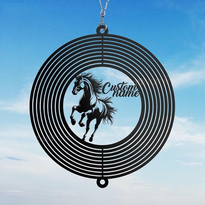 Personalized Horse Metal Wind Spinner, Custom Hanging Ornament for Outdoor Display, Kinetic Yard Sculpture, Equestrian Gift (Horse Garden Wind Spinner)