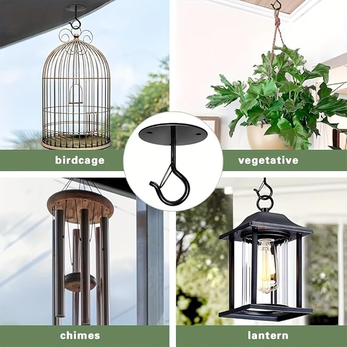 Ceiling Hooks for Hanging Plants Holder with Safety Buckle,Ceiling Decor Hook Heavy Duty,Metal Plant Hanger Indoor&Outdoor.Hooks for Hanging Plants,Wind Chime,Bird Feeders (Black, 2PCS)