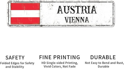 Personalized Austria Street Sign Austria Flag Metal Sign Capital City of Austria Metal Sign Road Rustic Wall Art Country City Indoor & Outdoor Decor for Home Man Cave Door Porch Garden Party 24x6in