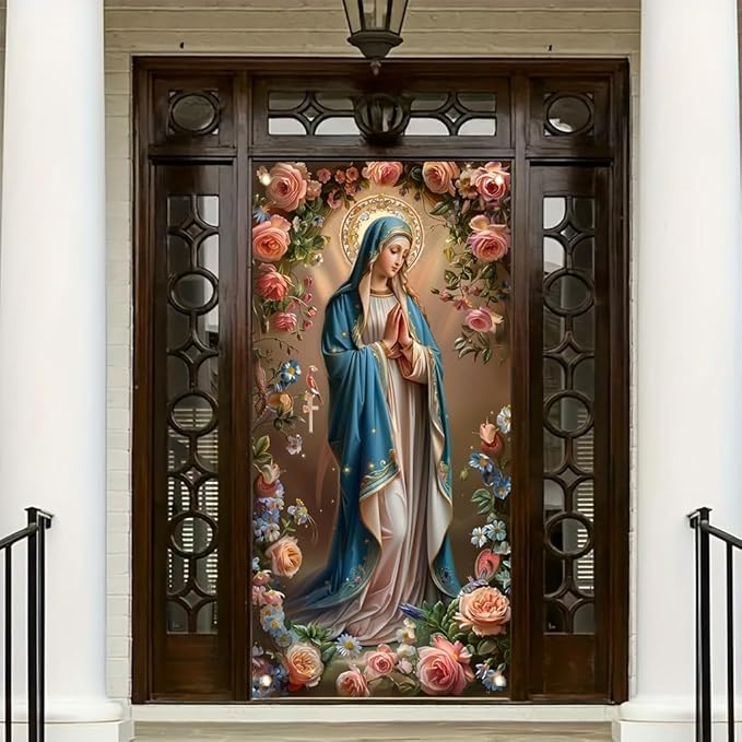 Virgin Mary Door Cover Banner Religious Floral 71x35 Inch Holy Mother Door Sign for Front Door Prayer Room Church Door Cover for Easter Christmas Spiritual Home Decor