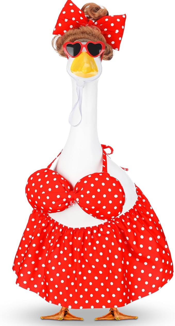 Abbylike 1 Set Summer Bikini Porch Goose Outfit Red Polka Dot Bikini Yard Goose Hawaiian Clothes with Sunglasses and Wigs Fits Large 23'' H Cement for Outdoor Garden Patio Pathway Statue Art Decor