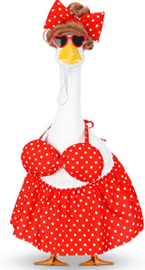Abbylike 1 Set Summer Bikini Porch Goose Outfit Red Polka Dot Bikini Yard Goose Hawaiian Clothes with Sunglasses and Wigs Fits Large 23'' H Cement for Outdoor Garden Patio Pathway Statue Art Decor
