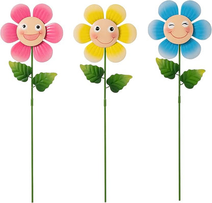 Glitzhome Set of 3 Happy Face Decorative Garden Stake, Metal Flower Yard Stakes with Hand Painted Smiling Design, Iron Garden Yard Spring Decor or Wall Decor, 18”H