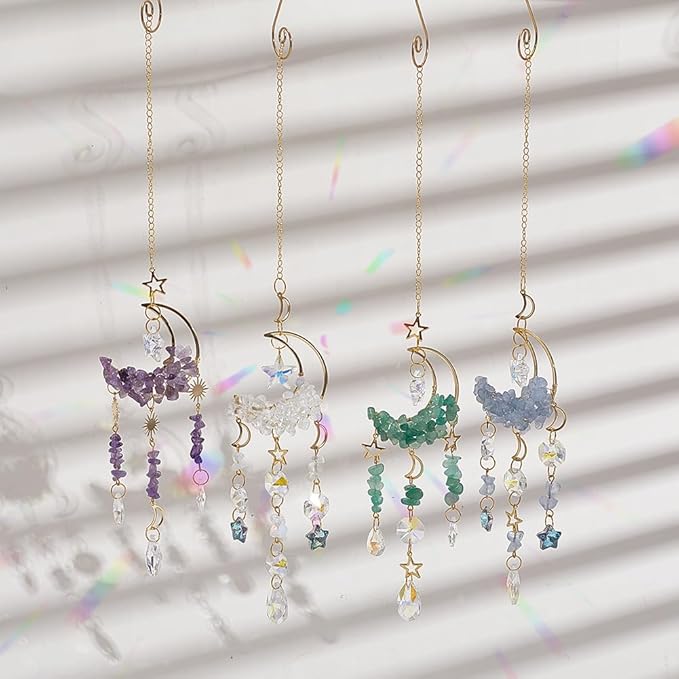 SUNNYCLUE 1 Box DIY 4 Sets Suncatcher Making Kits Sun Catchers Kit Moon Suncatchers Amethyst Kyanite Green Aventurine Opalite Chip Beads Hanging Sun Catcher for Windows Home Garden Party Wedding Decor