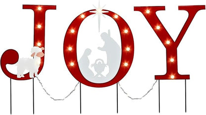 WONDER GARDEN Outdoor Christmas Decorations, 3 PCS Metal Christmas Yard Signs, Joy with Nativity Sets Outdoor and Led Light Xmas Yard Stake for Lawn Religious Scenes Yard Decor