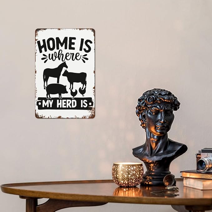 patio wall decor Home Is Where My Herd Iss metal signs Cafe Wall Decor for Home,Bathroom,Yard,Kitchen,Office,Cafe,Hotel Funny Quotes & Inspirational Life Sayings 8X12inch