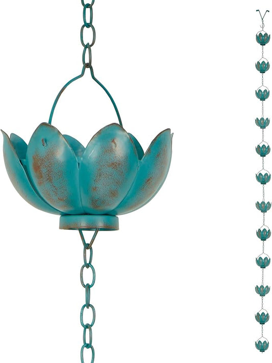 Topadorn Metal Rain Chain Decoration 8.5FT., Rain Catcher Metal Chain Gutter Downspout 104'' for House Eaves, Garden & Home, Flower Cups Garden Decoration,Lake Blue