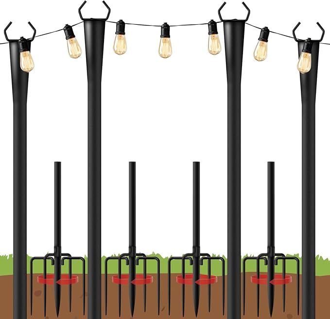 10Ft String Light Poles 4 Pack for Outside, Metal Outdoor Light Poles with 5 Prongs for Garden Patio Backyard Deck, Fence Bracket Hanging Light for Party Wedding Decor