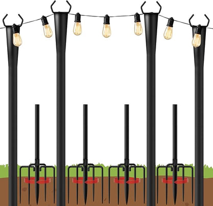 10Ft String Light Poles 4 Pack for Outside, Metal Outdoor Light Poles with 5 Prongs for Garden Patio Backyard Deck, Fence Bracket Hanging Light for Party Wedding Decor