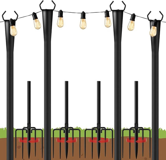 10Ft String Light Poles 4 Pack for Outside, Metal Outdoor Light Poles with 5 Prongs for Garden Patio Backyard Deck, Fence Bracket Hanging Light for Party Wedding Decor