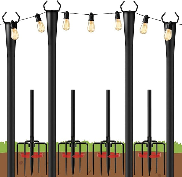 10Ft String Light Poles 4 Pack for Outside, Metal Outdoor Light Poles with 5 Prongs for Garden Patio Backyard Deck, Fence Bracket Hanging Light for Party Wedding Decor