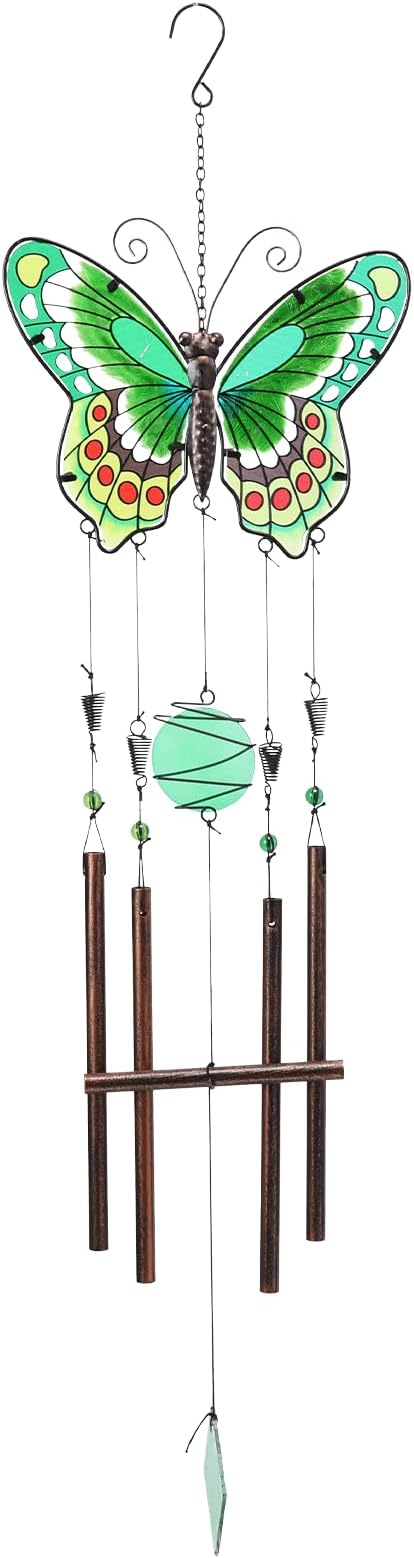 MUMTOP Butterfly Wind Chimes for Outside, Stained Glass Wind Chime Windchimes for Patio, Outdoor,Garden,Yard,Coastal,Window,Home Decor or Gifts for Women(Green)