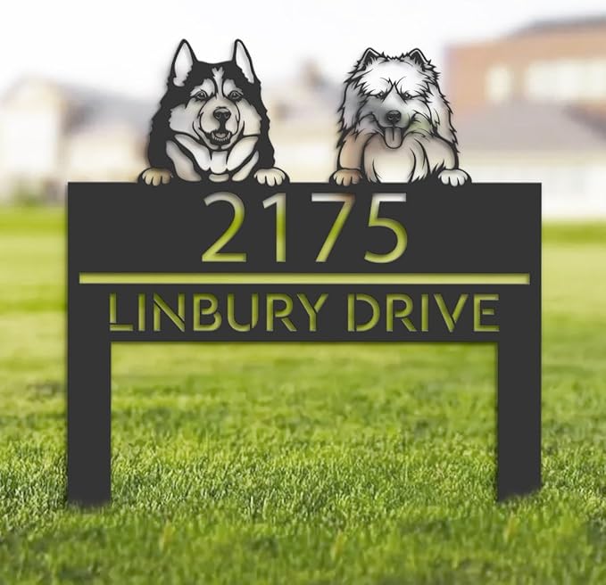 Husky and samoyed Welcome Metal Address Sign House Number Husky and samoyed Sculptures Plaque Husky and samoyed Dogs Stake Sign for Park Yard Lawn Courtyard Patio Ranch Farmer Gardening.
