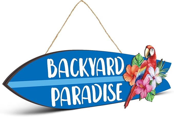 Wooden Backyard Paradise Sign Surfboard Wall Hanging Sign Wooden Hanging Decorative Art for Yard Garage Bar Tiki Wall Home Party Summer Decor Gift, 5 x 16 Inches