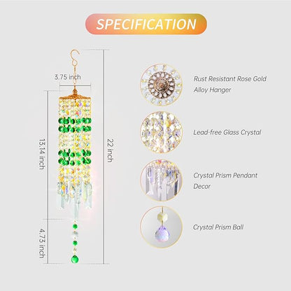 Crystal Wind Chimes for Outside with Rainbow Light Reflections Glass Bells and Rose Gold Alloy Hooks Indoor Outdoor Decor for Home Garden Patio Porch Birthday House Warming (Green)