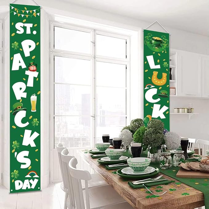 St Patricks Day Porch Decorations - Saint Shamrock Porch Sign Leprechaun Decor - Hanging Banners Decorations for Front Door Outside Yard Garden Party Supplies