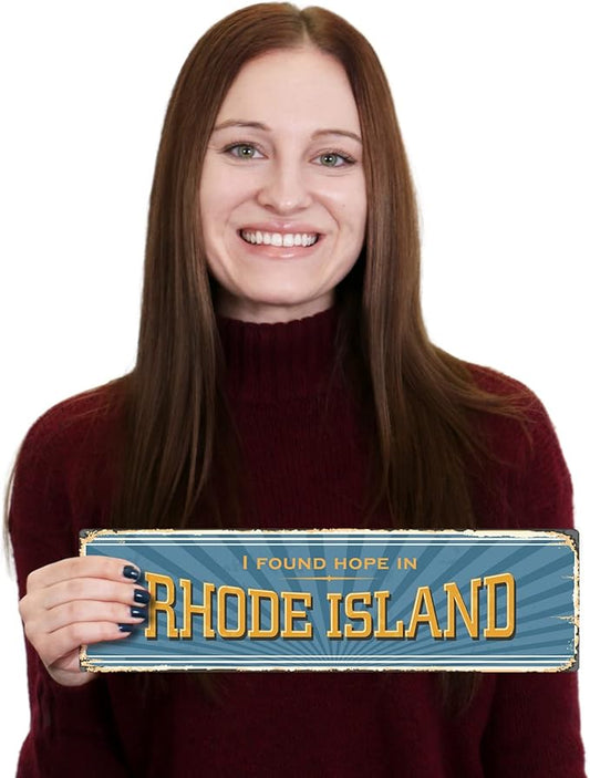 SmartSign 4 x 14 inch “I Found Hope In Rhode Island” State Vintage Metal Sign, 40 mil Rustproof Aluminum with Clear Overcoat, Retro Wall Décor, Multicolor, Made in USA
