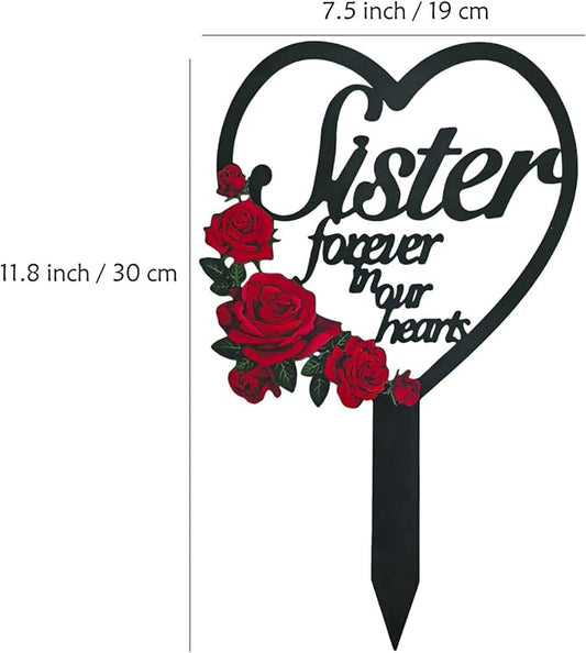 AIM & GGKK Memorial Stake for Sister - Metal Heart Grave Marker with Red Roses, Memorial Plaque Cemetery Decor for Grave, Garden, Gravesite