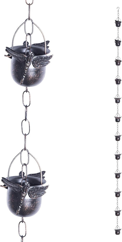 TZSSP Rain Chain, Iron Rain Chains-12 Cups,8FT Gutter Rain Chain,Adjustable Rain Catcher Chain for Outdoor Garden Decor,Replacement Downspout for Gutters,Dragonfly