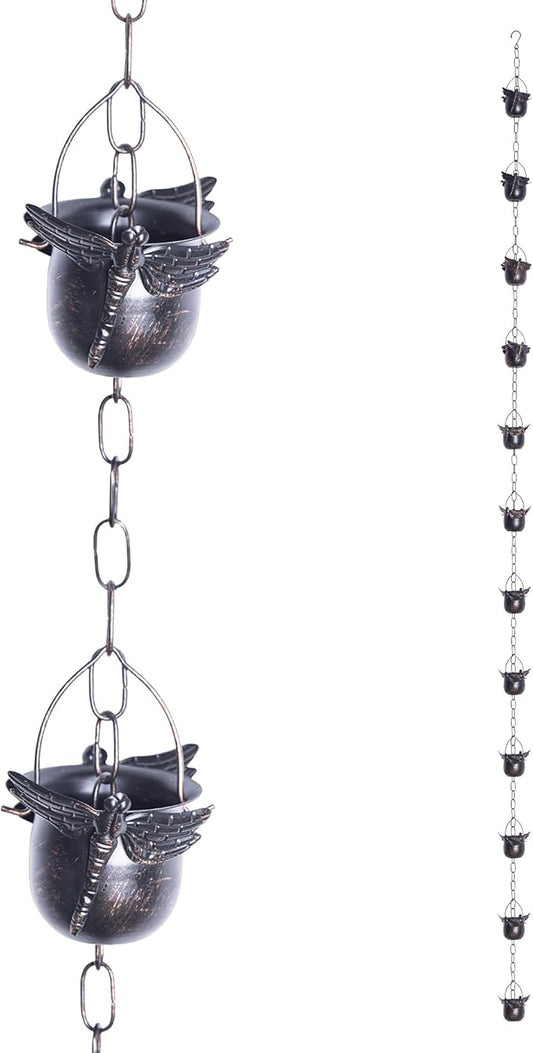 TZSSP Rain Chain, Iron Rain Chains-12 Cups,8FT Gutter Rain Chain,Adjustable Rain Catcher Chain for Outdoor Garden Decor,Replacement Downspout for Gutters,Dragonfly