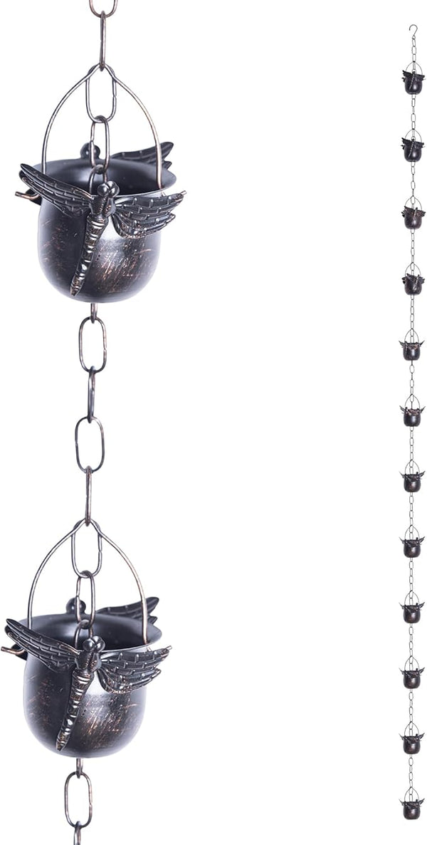 TZSSP Rain Chain, Iron Rain Chains-12 Cups,8FT Gutter Rain Chain,Adjustable Rain Catcher Chain for Outdoor Garden Decor,Replacement Downspout for Gutters,Dragonfly