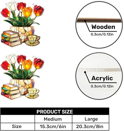 Jesuspirit - Window Hanging Suncatcher – Crystal Clear Acrylic & Wood Sun Catcher for Home Decor, for Women (Nostalgic Tulips, Books, and Tea -, 8 Inches)