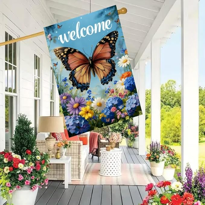 Large Spring Summer Garden Flags for Outside 28 x 40 Double Sided, Burlap Spring Summer House Flags, Seasonal Outdoor Flags Butterfly Flowers Farmhouse Yard Decorations