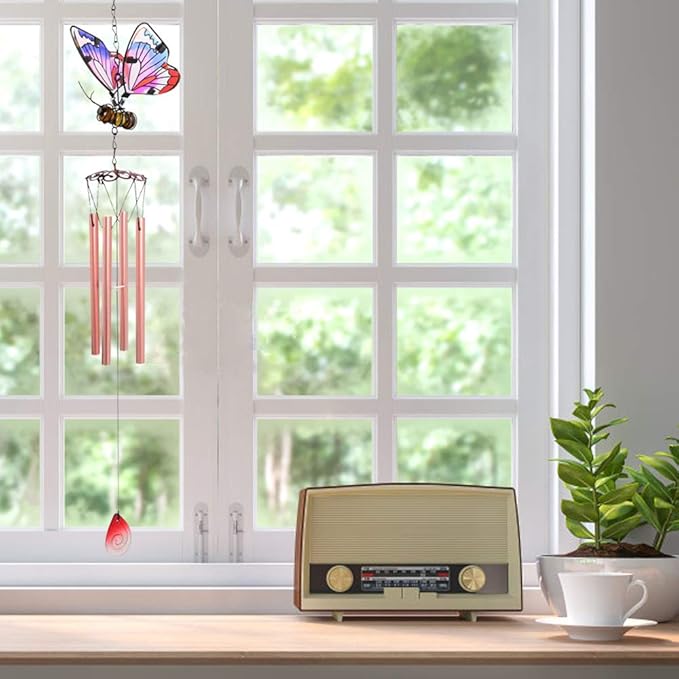 AVEKI Iron Stained Glass Butterfly Wind Chimes - 27.5''H, Pink, Indoor/Outdoor, Home, Garden, Window, Yard, Patio, Lawn Decoration
