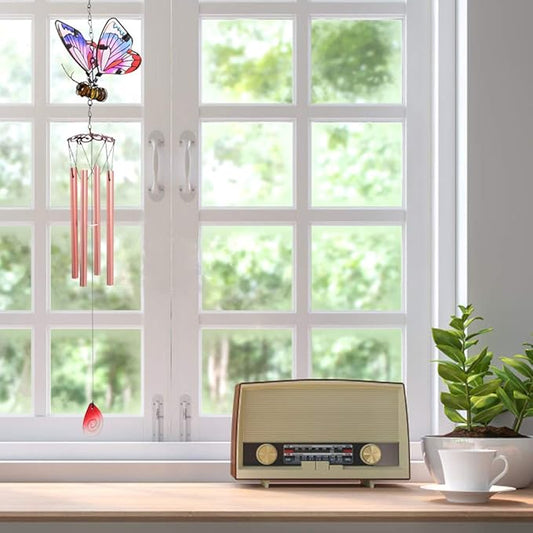AVEKI Iron Stained Glass Butterfly Wind Chimes - 27.5''H, Pink, Indoor/Outdoor, Home, Garden, Window, Yard, Patio, Lawn Decoration