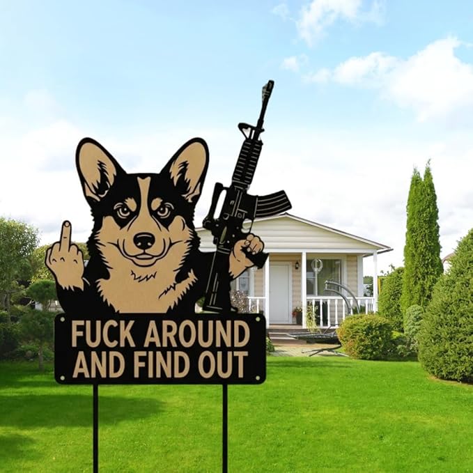 F Around & Find Out Dog Sentry Metal Dogs Silhouette Garden Stake with Middle Finger &Weapon Sign, FAFO Security Sign Middle Finger Dog Statue Decor for Outdoor Yard Patio (Corgi, 6 * 12")