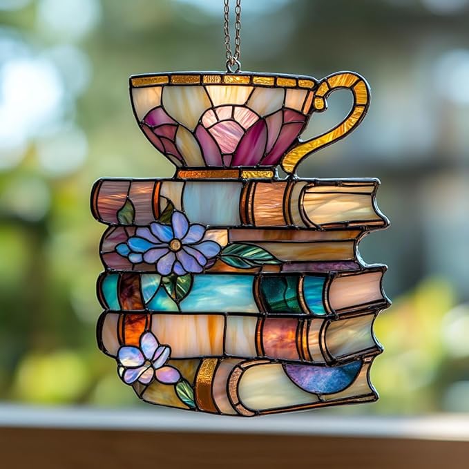 Floral Books and Tea Acrylic Suncatcher Stained Glass Effect Window Car Hanging Christmas Ornament Indoor Outdoor Decor Garden Sun Catcher Panel for Book Lover for Women Mom Grandma