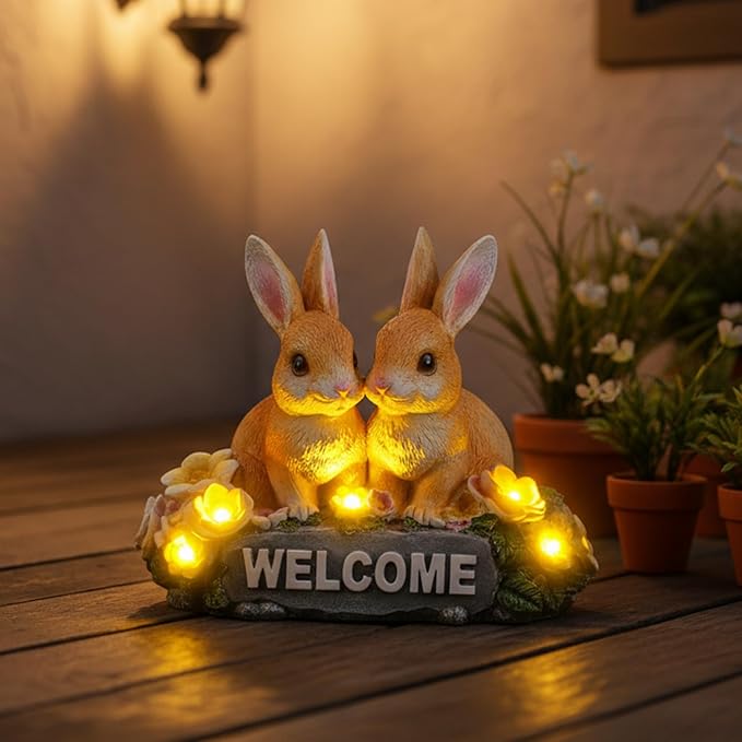 Solar Rabbit Garden Statue 5.9" Resin Bunny Statue with Welcome Sign Rabbit Figurines Light Decorations for Patio Yard Lawn Ornaments Easter Housewarming Birthday Gifts for Women Mom Grandma Wife