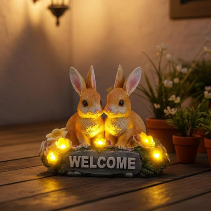 Solar Rabbit Garden Statue 5.9" Resin Bunny Statue with Welcome Sign Rabbit Figurines Light Decorations for Patio Yard Lawn Ornaments Easter Housewarming Birthday Gifts for Women Mom Grandma Wife