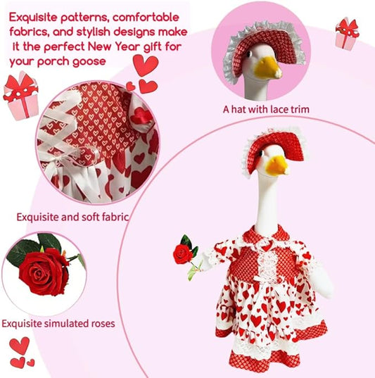 Romantic Porch Goose Dress - Heart-Patterned White Gown with Rose for 23-28" Geese, Ideal for Wedding Proposals, Bridal Events & Couple's Celebrations
