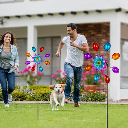 DREAMYSOUL Wind Spinners Outdoor, 10" Dia Colorful Metal Pinwheels for Yard and Garden, Kinetic Wind Sculptures & Spinner Outside (Red Flowers)