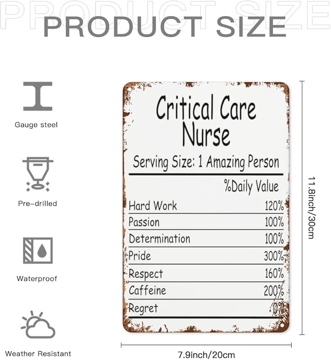 Vintage Retro Metal Wall Decor Signs Critical Care Nurse Amazing Person Daily Value for Home,Kitchen,Bathroom,Patio & Garden Inspirational & Funny Life Quotes 8x12 Inches