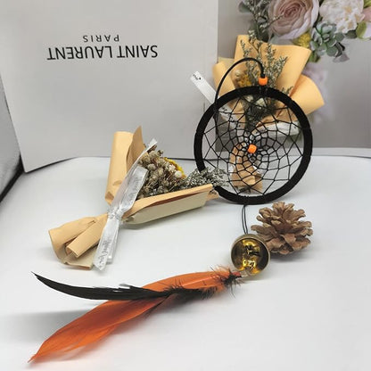 Dreamcatcher Indian Round Net Wind Chimes, Creative Black and Orange Feather Chimes for Balcony, Study, Bedroom Hanging Decoration