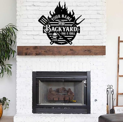 MeMate Backyard Sign and Decor Outdoor, Customized Backyard Bar and Grill Metal Sign, Personalized Outdoor Metal Signs, Large Plaque Wall Hanging Art for Patio, Men Caves, Restaurants