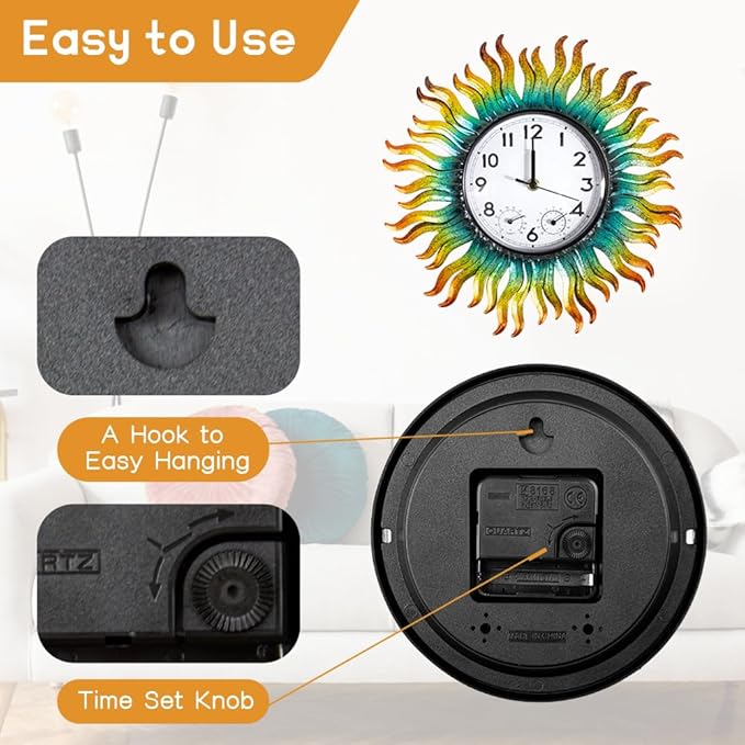 13'' Sun Outdoor Clock, Wall Clock with Thermometer & Humidity Silent No-Ticking Waterproof for Patio, Living Room, Kitchen